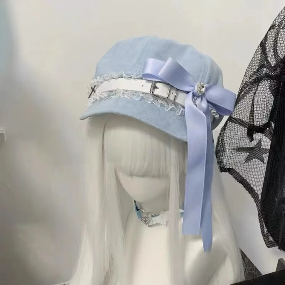 

Harajuku милая крутая стильная восьмиугольная шляпа с кружевной строчкой и бантом, женские шляпы Y2k, кавайная кепка художника в стиле Лолиты для девочек, для взрослых и подростков