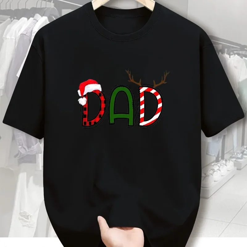 تي شيرت رجالي لعطلة عيد الميلاد للأب أسود بأكمام قصيرة قرون الرنة الممتعة وقصب الحلوى خفيف الوزن وجيد التهوية