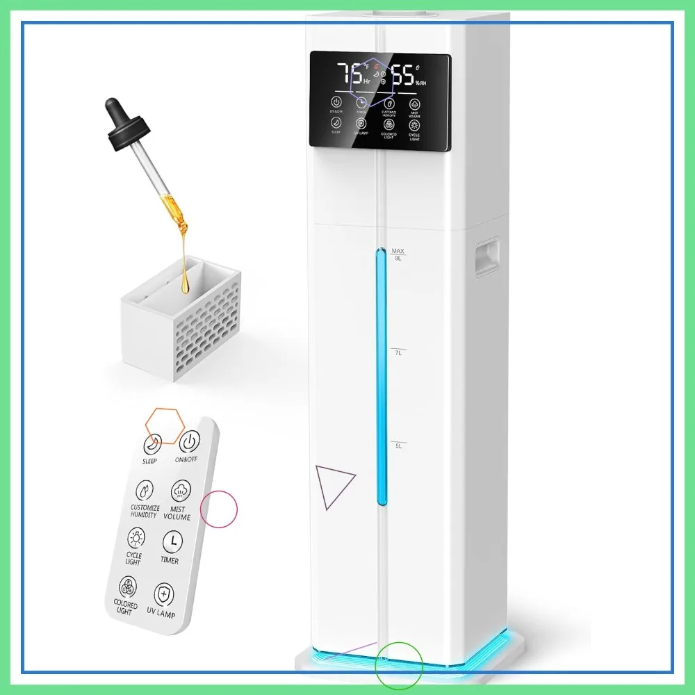 

Quiet Cool Mist Humidifier for Bedroom, 2.4Gal 9L Top-Fill, Easy Clean, 60H Runtime, Remote
