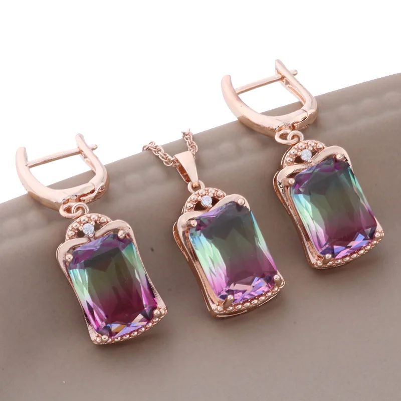 Trend 2023 Square Natural Zircon Drop Earrings Sets 585 Rose Gold Color Jewelry Sets for Women Luxury Quality Jewelry