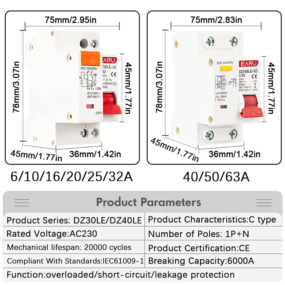 EARU DZ30L DZ40LE EPNL DPNL 1P+N 6-63A 230V Residual Current Circuit Breaker Over Short Current Earth Leakage Protector RCBO MCB