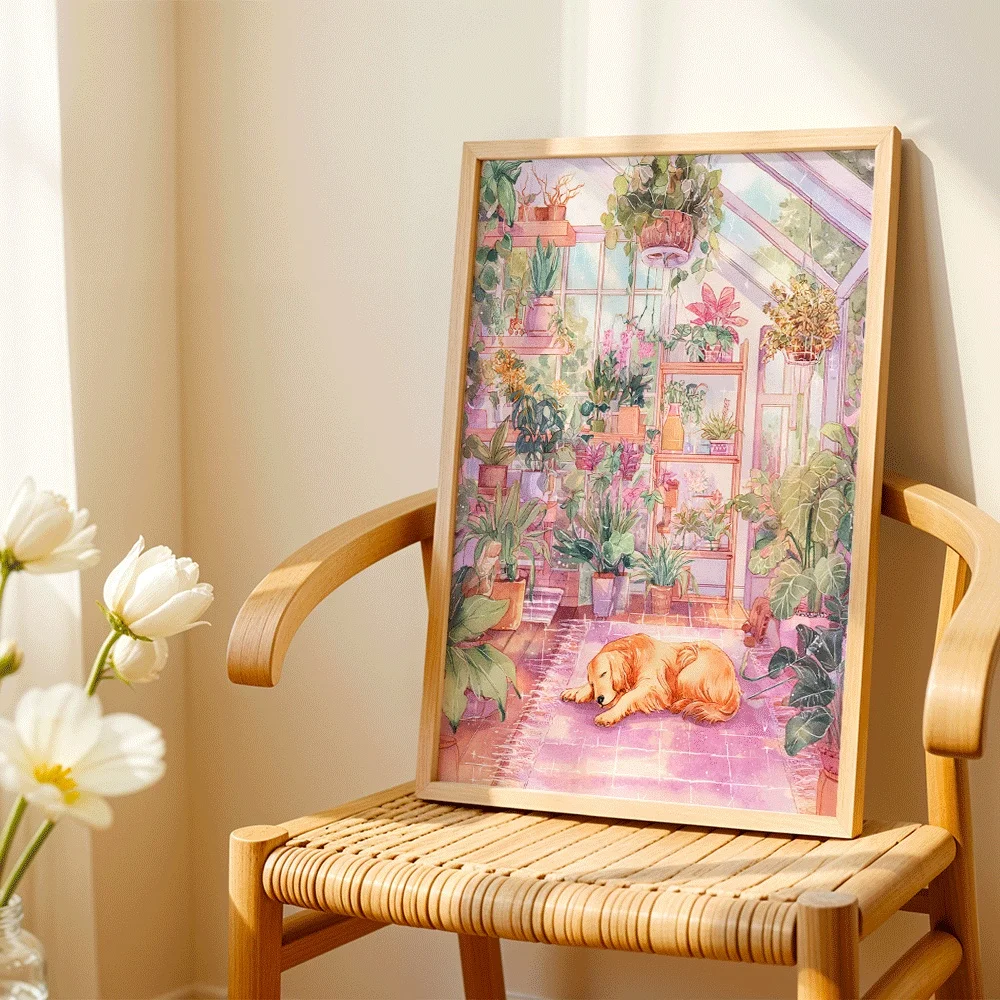 Golden Retriever In Flower Greenhouse Canvas Decorative Wall Painting, Wall Art For Living Room Bedroom, Pet Lovers Home Decor