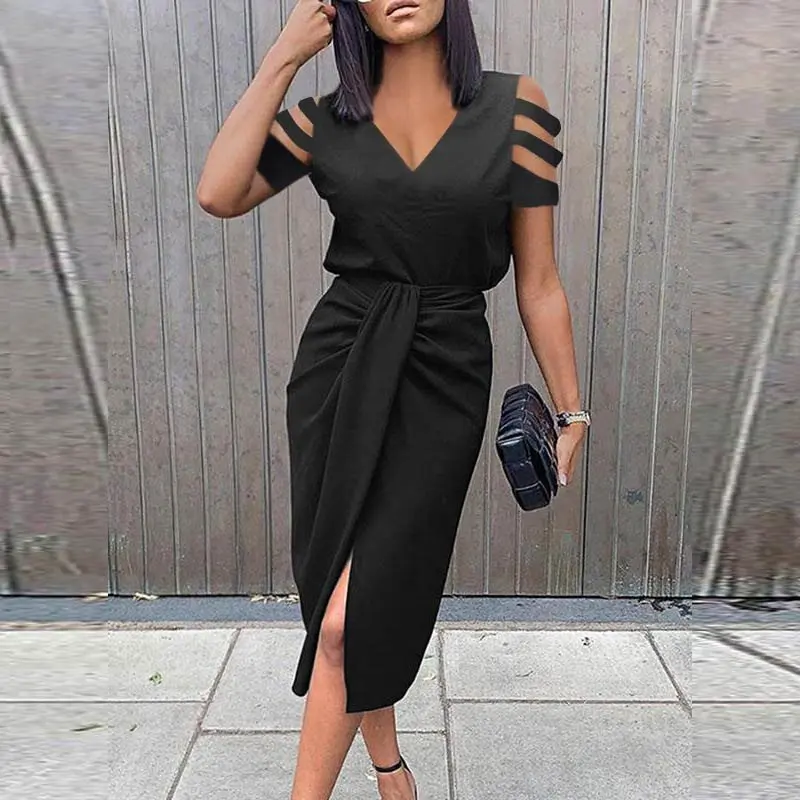 

Lady Elegant V-Neck Draped Slit Long Dress Sexy Hollow Out Tie-Up Short Sleeve Dress Women Fashion Retro Black Party Dresses