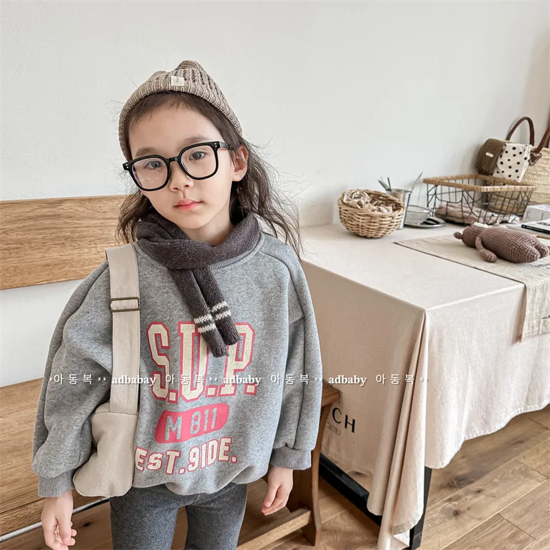 2024 Winter New Children Long Sleeve Warm Sweatshirt Fashion Letter Print Girls Fleece Sweatshirt Kids Boys Casual Pullover Tops