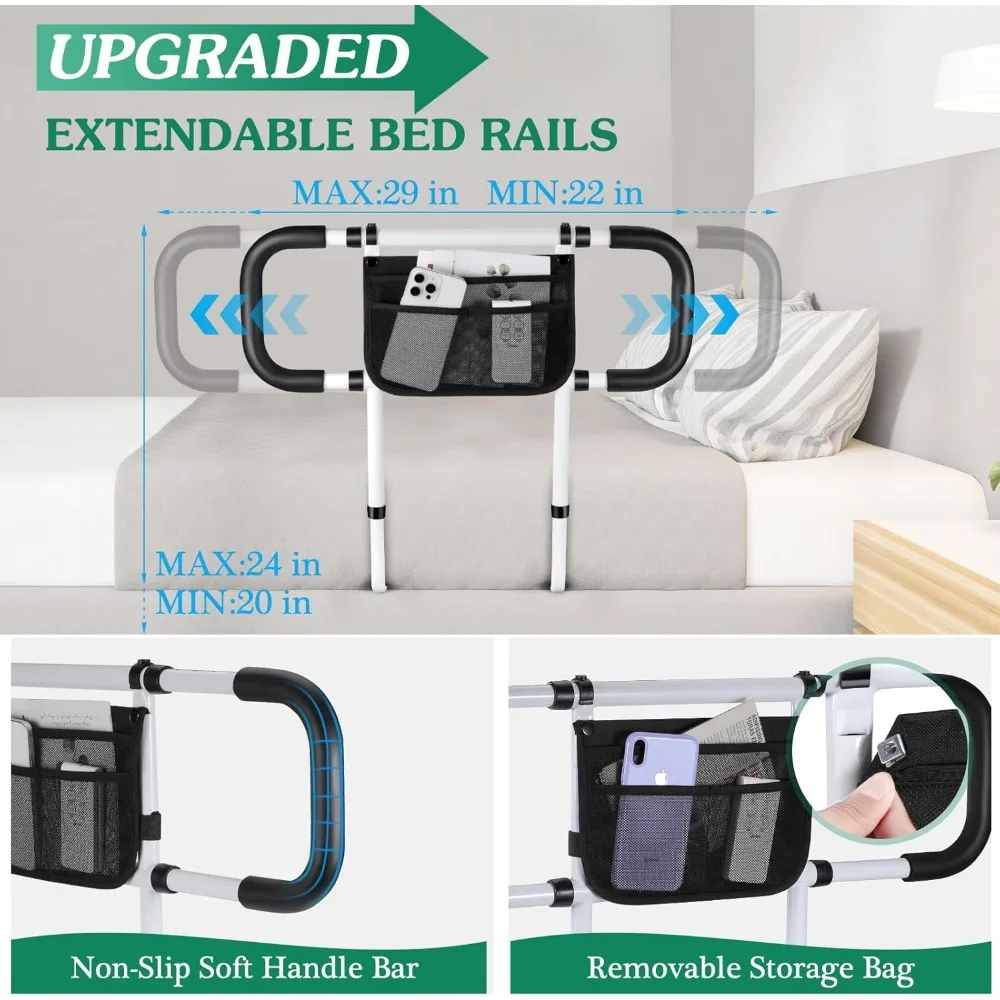 حاجز أمان للسرير قابل للتعديل لكبار السن - دعم عالي التحمل مع حقيبة تخزين، يناسب سرير King Queen الكامل المزدوج