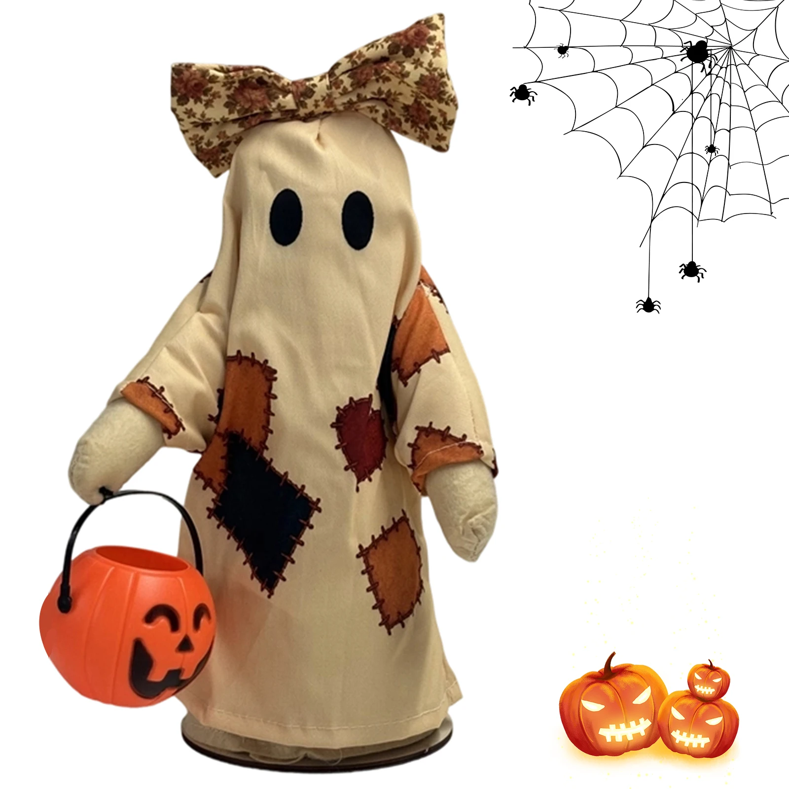 Patchwork Ghost Halloween Decor with Pumpkin Bucket Vintage Ghost Tabletop Figurine Decorative for Home Party Decor