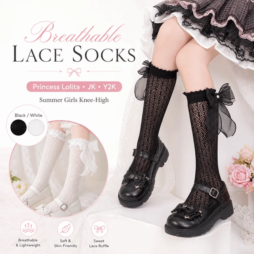 

Sweet Lace Trim Knee High Socks Bowknot Ruffle Lace Children's Socks Mesh Thin Tube Lace Stockings School Uniform