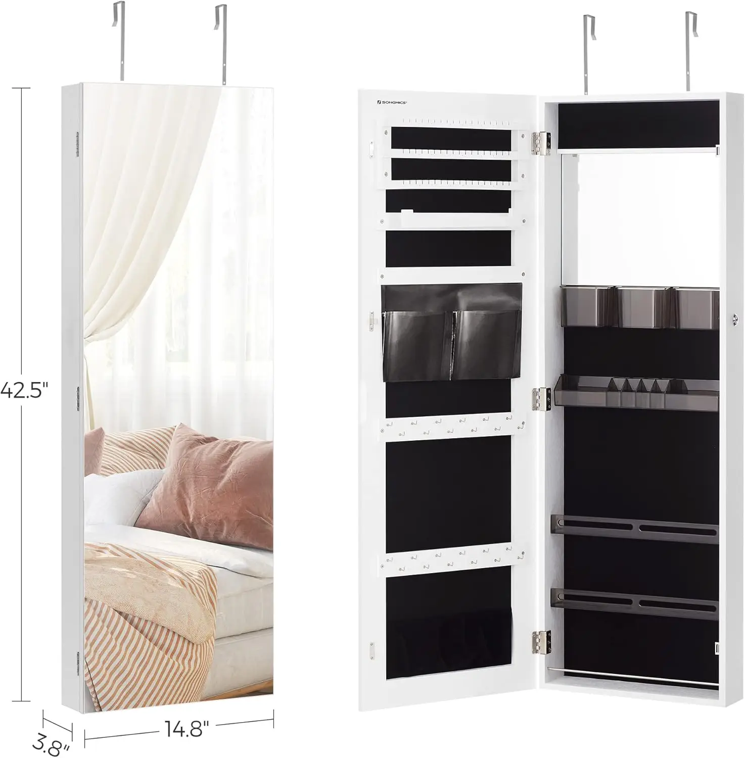 Jewelry Cabinet Armoire with Mirror, Wall or Door Mount Storage Organizer with Full-Length Frameless Mirror, Lockable Cabinet