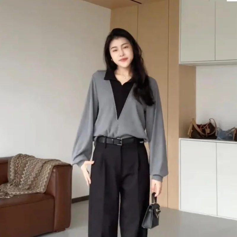 

Stylish Lapel False Two Piece Long Sleeve Shirt Loose Slimming Top For Spring And Autumn Blouse And Shirt Female Top