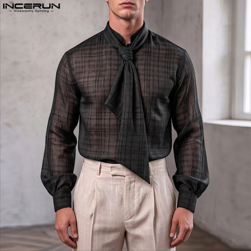 INCERUN Men's Shirt Plaid Long Sleeve Loose Tie Up Casual Men Clothes Streetwear See Through Shirts Fashion Tops For Man Camisas