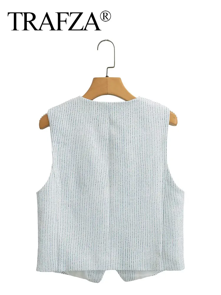 TRAFZA Striped Vest For Women Casual Single Breasted V Neck Sleeveless Waistcoat Female Fashion Y2k High Street Chic Top Vests