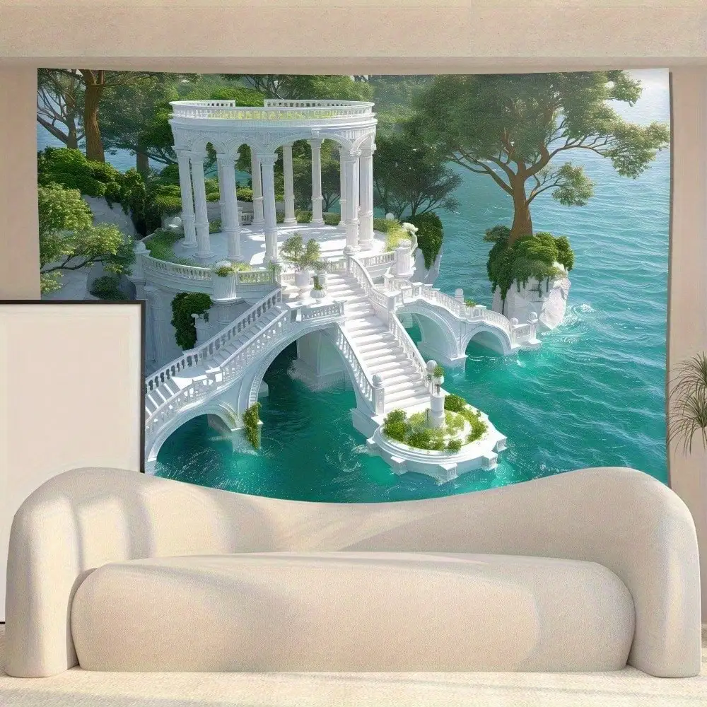 

1 шт., фэнтезийный гобелен, белый храм, океан, настенная греческая архитектура для декора гостиной, сезон «Снова в школу», осенние подарки