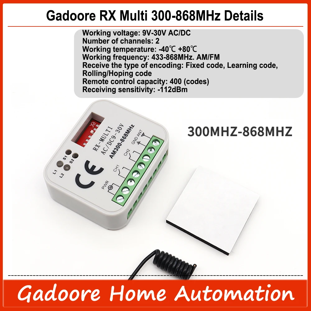 Gadoore Universal RX Multi Garage Door Receiver Frequency 300-868MHz Garage Door Remote Control Receiver 2 CH Controller Switch