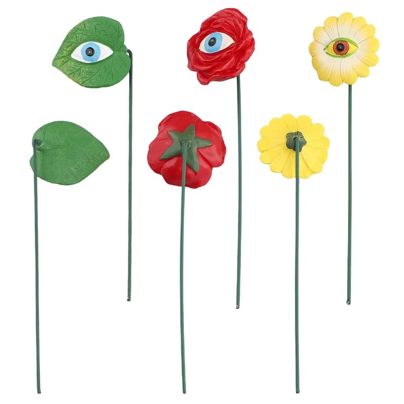 

A29M-6PCS Resin Plant Eyes Stakes Novelty Rose Sunflower Green Leave Plant Garden Stakes Funny Floral Plant Pick Ornaments