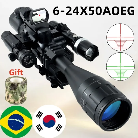 6-24x50AOEG Tactical Red Green Reticle Illuminated Scope Hunting Optical Laser Combo Airsoft Accessoires for 11/20mm Rail Mount