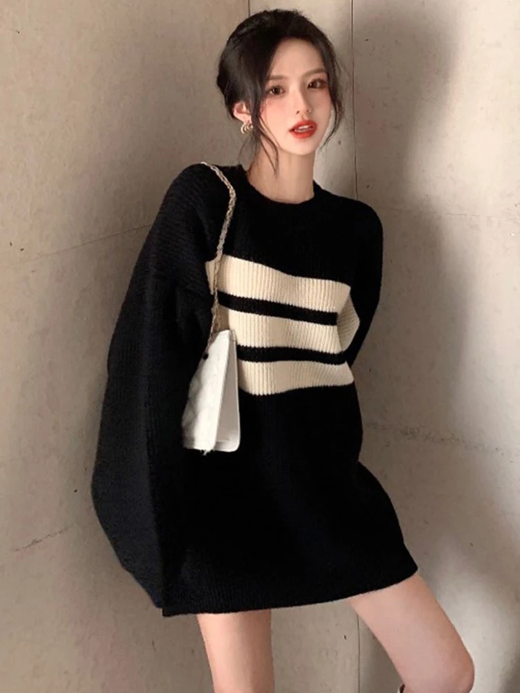 

Women's Loose Long Sve Knitted Sweater Stripe Base Layer Top Casual Sle Winter Faion Lightweight Comfortable Bla