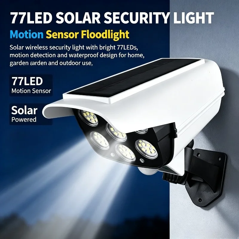 White Solar Camera Shaped Light, 77 LED Motion Sensor Wall Lamp for Outdoor Garage Driveway Garden Entrance Lighting Display