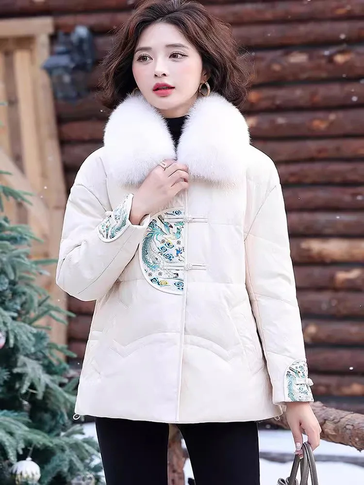New Women Autumn Winter Chinese Style Leather Down Jacket Fashion Fox Fur Collar Frog Loose Down Jacket Casual Thick Warm Coat