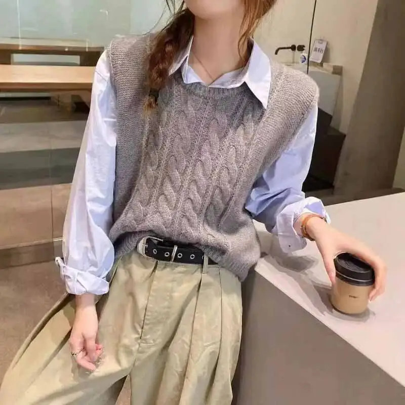 新しいOネックニット女性用無地ルーズノースリーブアンダーシャツセーターベスト女性用ヴィンテージ万能ツイストニットジャンパートップ