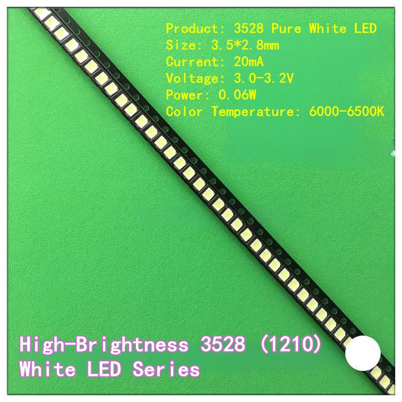 100PCS 3528 (1210) High-Brightness SMD LED Diode Red Orange Yellow Green Pink Purple Ice Blue Warm White for Dashboard Lights