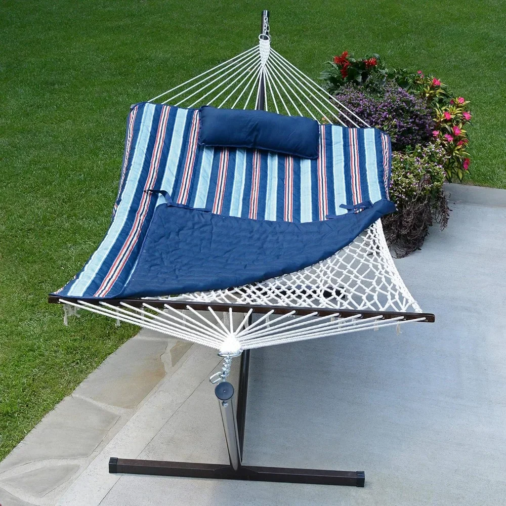 12 Foot Steel Hammock Stand with Cotton Rope Hammock Combo, Quilted Polyester Hammock Pad and Pillow