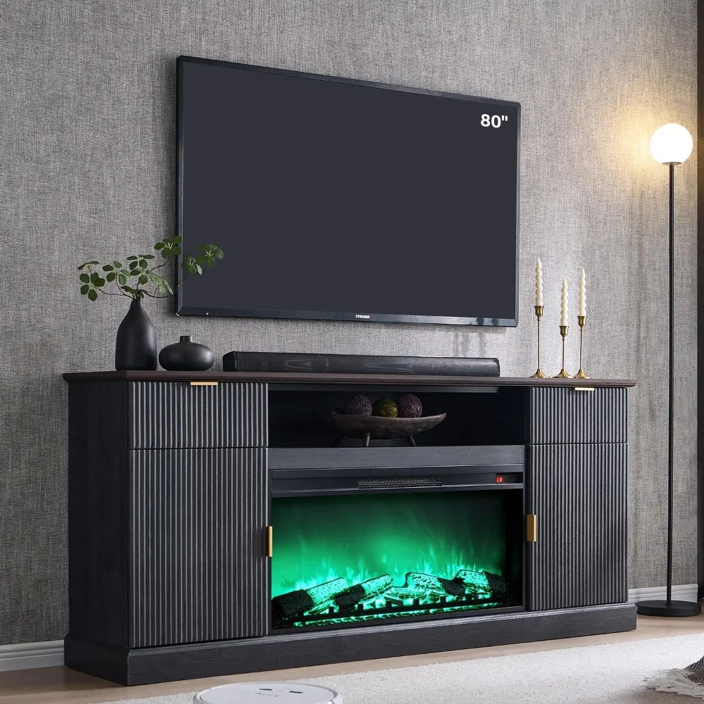 

Modern Fluted Fireplace TV Stand with 36" Electric Fireplace for 80 Inch TV, 31" Tall Entertainment Center with 2 Drawers