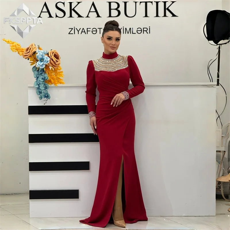 

Изысканное вечернее платье на заказ цвета бургунди с длинными рукавами, 2026, с кристаллами, из тюля, фасон «русалка», для женщин, для свадебных торжеств