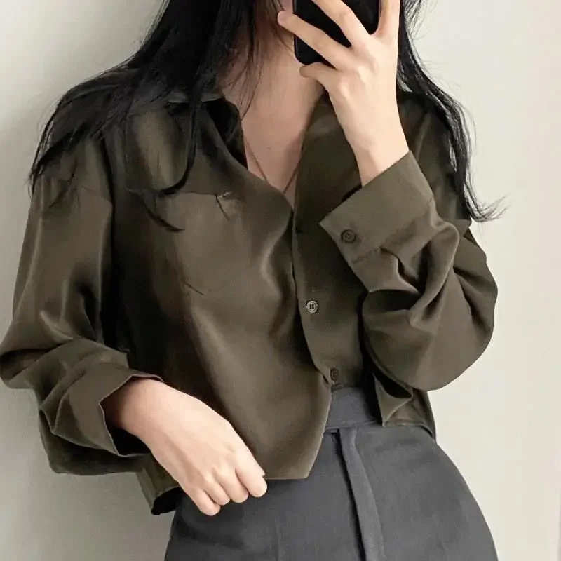 Vintage Women Blouse Harajuku Cropped Oversized Shirt Chic and Elegant Long Sleeve Top Korean Style Clothes Fashion Casual