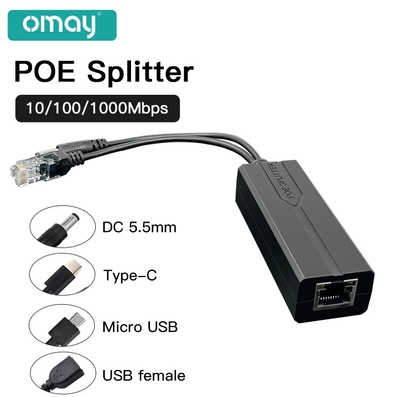 Standard POE Splitter 48V to 5V 12V 1.2A 2A Micro USB tpye-C 100M/1000M POE Camera Injector Power Supply for Huawei Hikvision