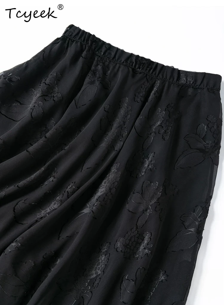Tcyeek 100% Real Silk Women Black Long Skirts 2026 Spring Summer Elastic Waist Flowing Skirt Female Clothing Faldones Para Mujer