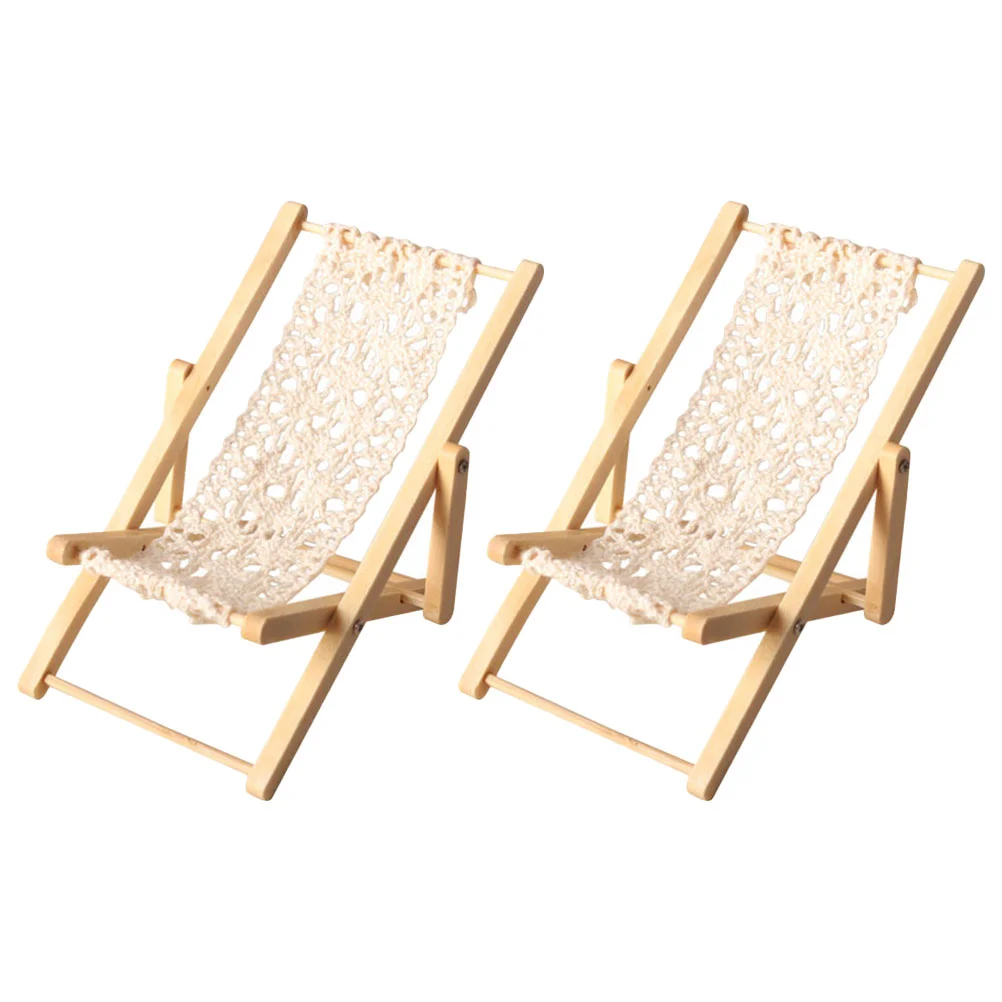2 Pcs Mini Recliner Foldable Beach Chair Chairs Miniature Wood Lounge Prop Model Seaside Furniture