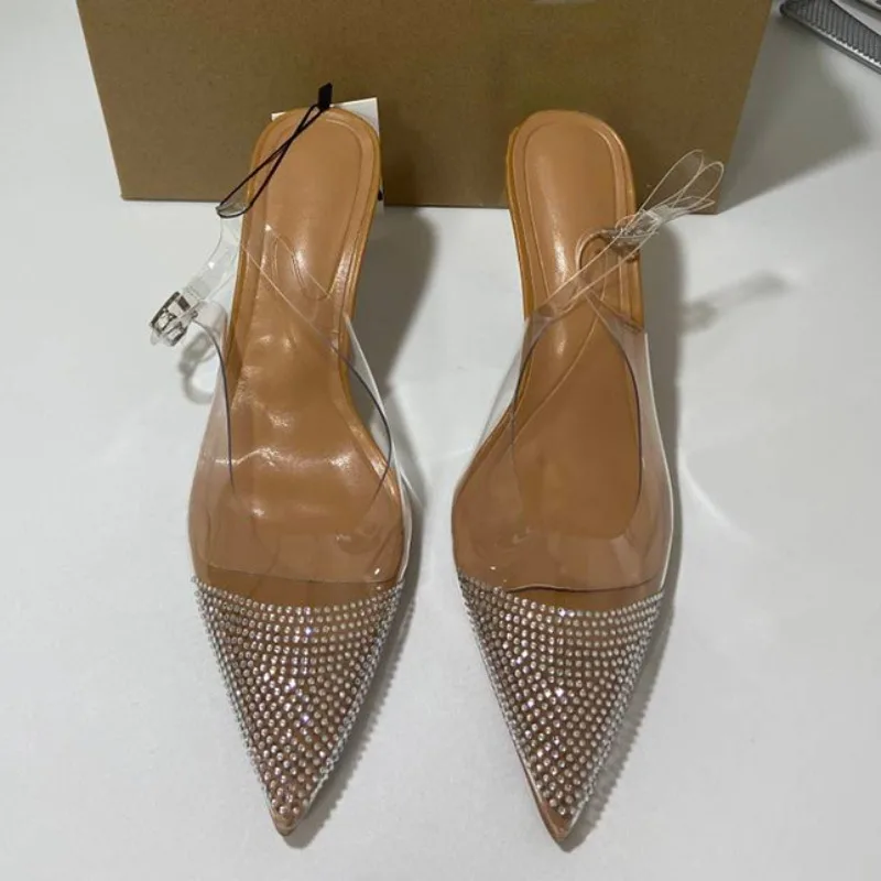 Nuovi sandali firmati con tacco alto per le donne 2024 estate comode scarpe da donna con diamanti di lusso a punta Sexy trasparenti