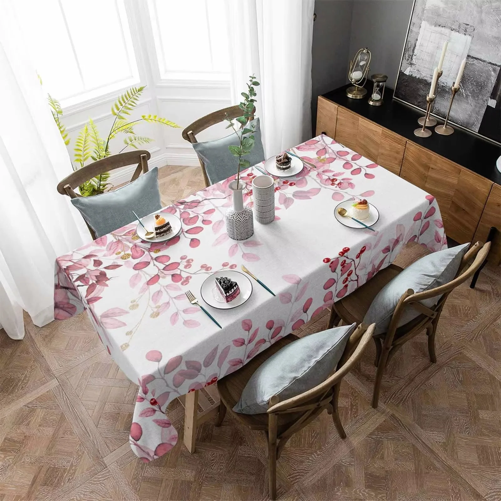 

2024 new rectangular pink leaf branch flower printed tablecloth, dining table cloth, kitchen decoration party tablecloth