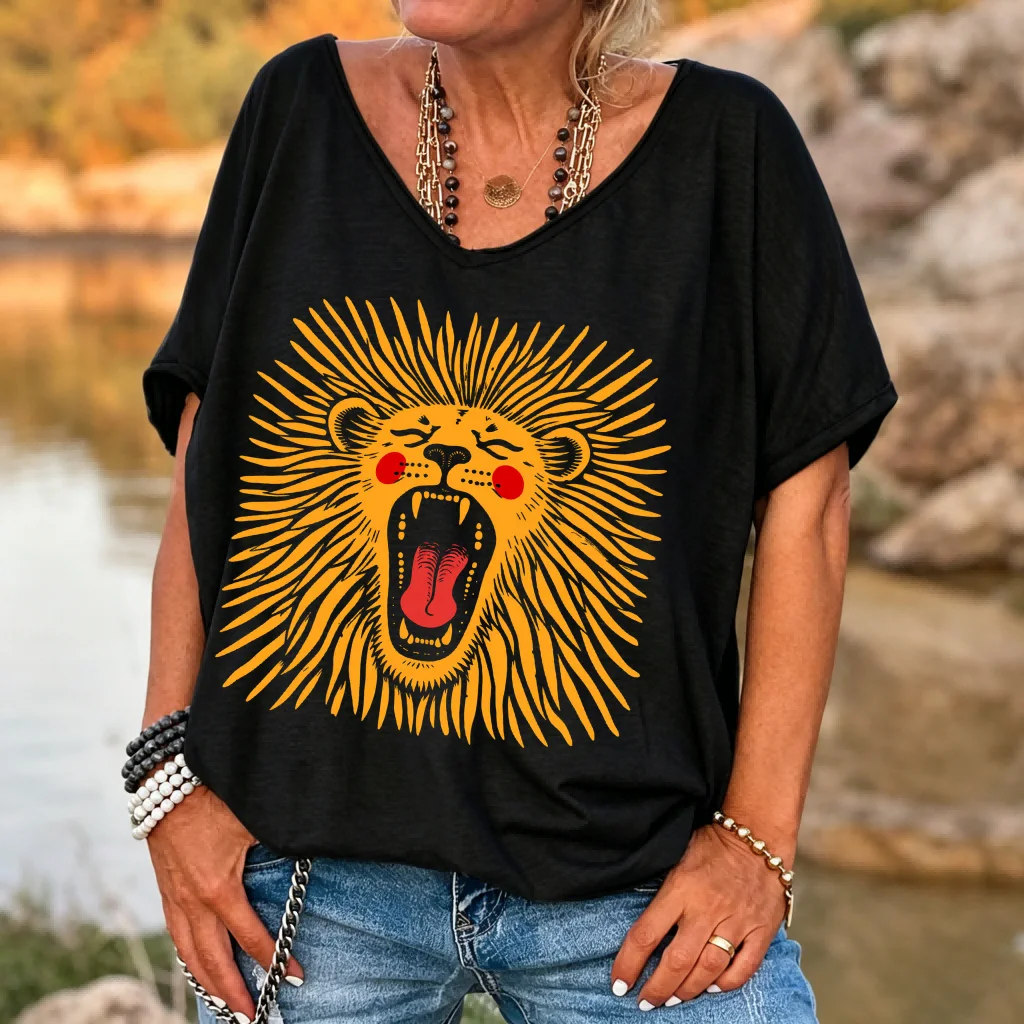 Ilstile Women's Vintage Lion Face Graphic T-Shirt Retro Animal Print V-Neck Short Sleeve Casual Loose Fit Summer Top 2026