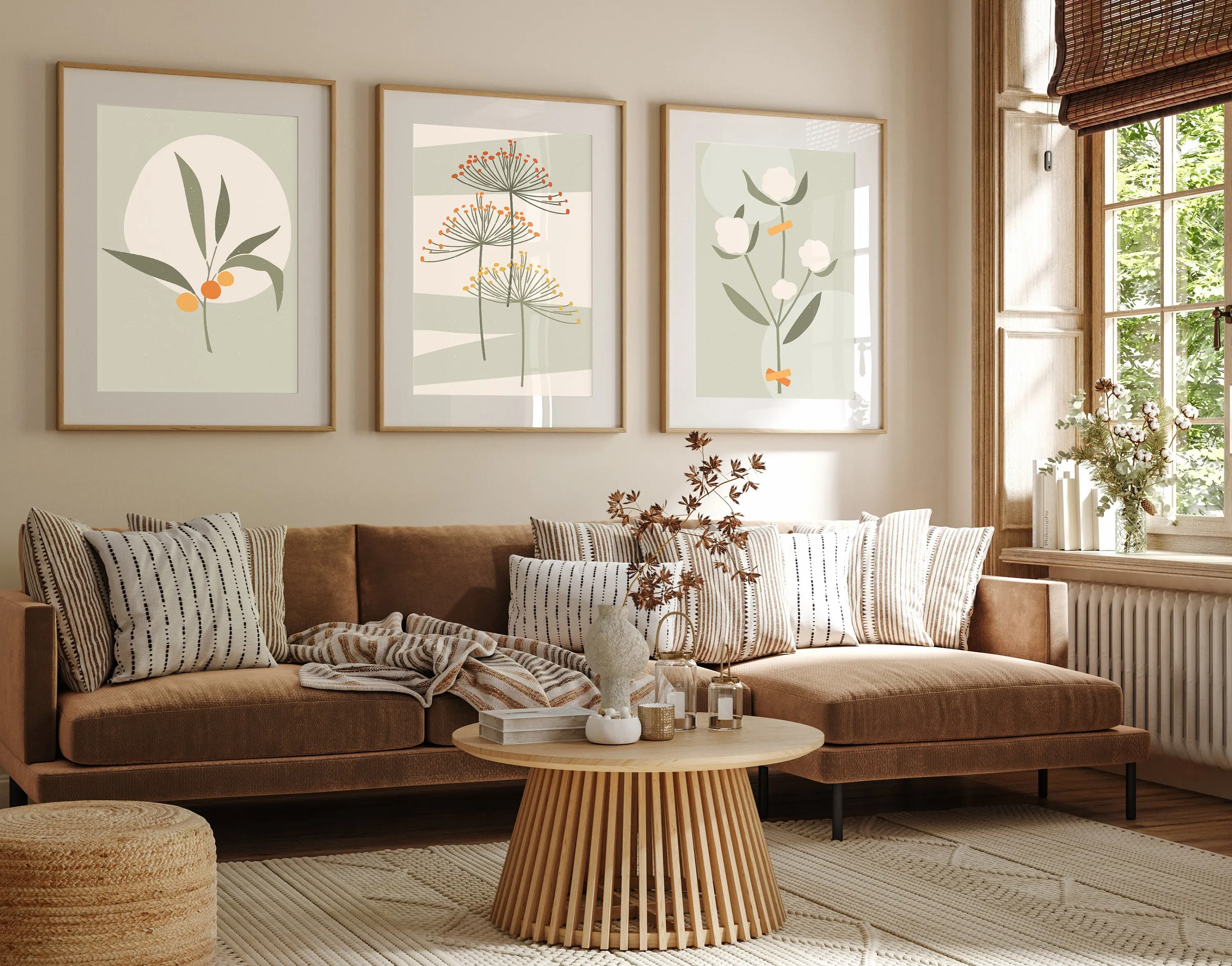 3PCS Frameless,Sage Green Botanical Line Art Prints, Plant Wall Decor, Minimalist Botanical Posters for Living Room Modern Home