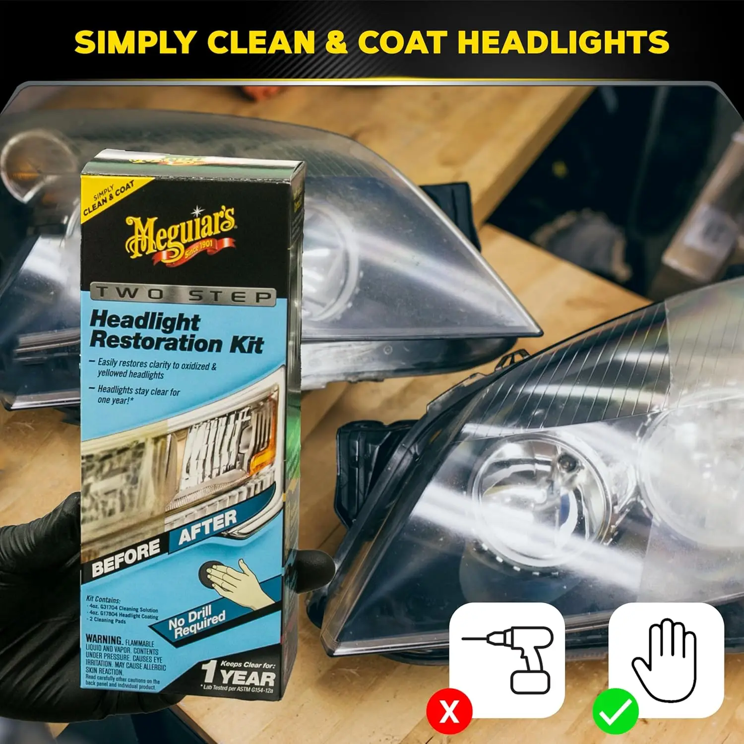 

Motriva Store Meguiar's Two Step Car Headlight Restoration Kit, Headlight Cleaner Restores Clear Car Plastic and Protects from Re-Oxidation, Includes Coating and Cleaning Solution - 4 Count (1 Pack)