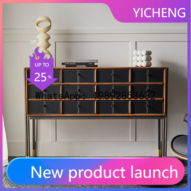 QQ Medieval solid wood dining side cabinet Nordic simple living room walnut color retro storage designer multi-drawer cabinet