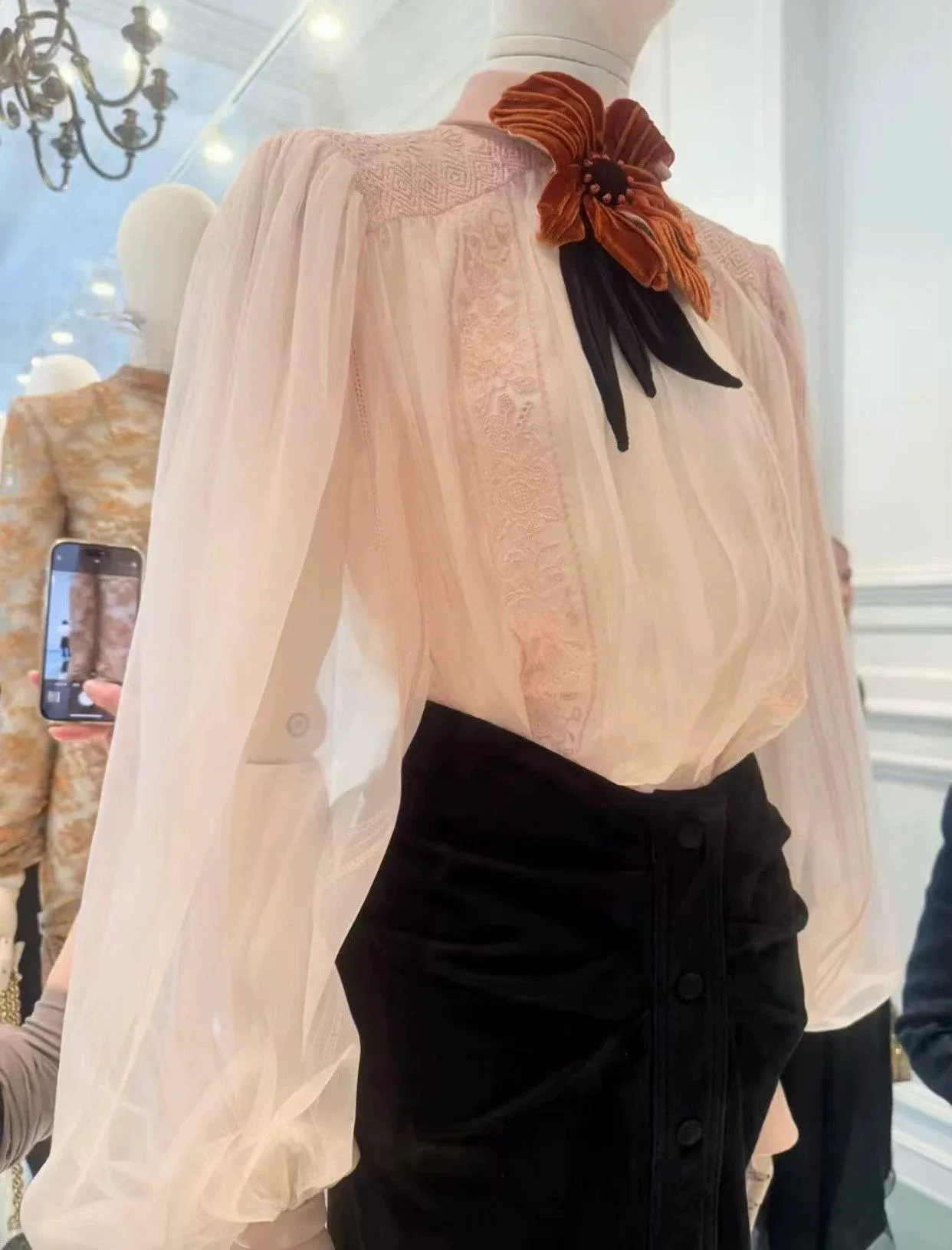 Elegant Transparent Women's Silk Organza Romantic Pink Blouse Handmade Velvet Flowers Lantern Sleeve Lace Embroidered Shirt