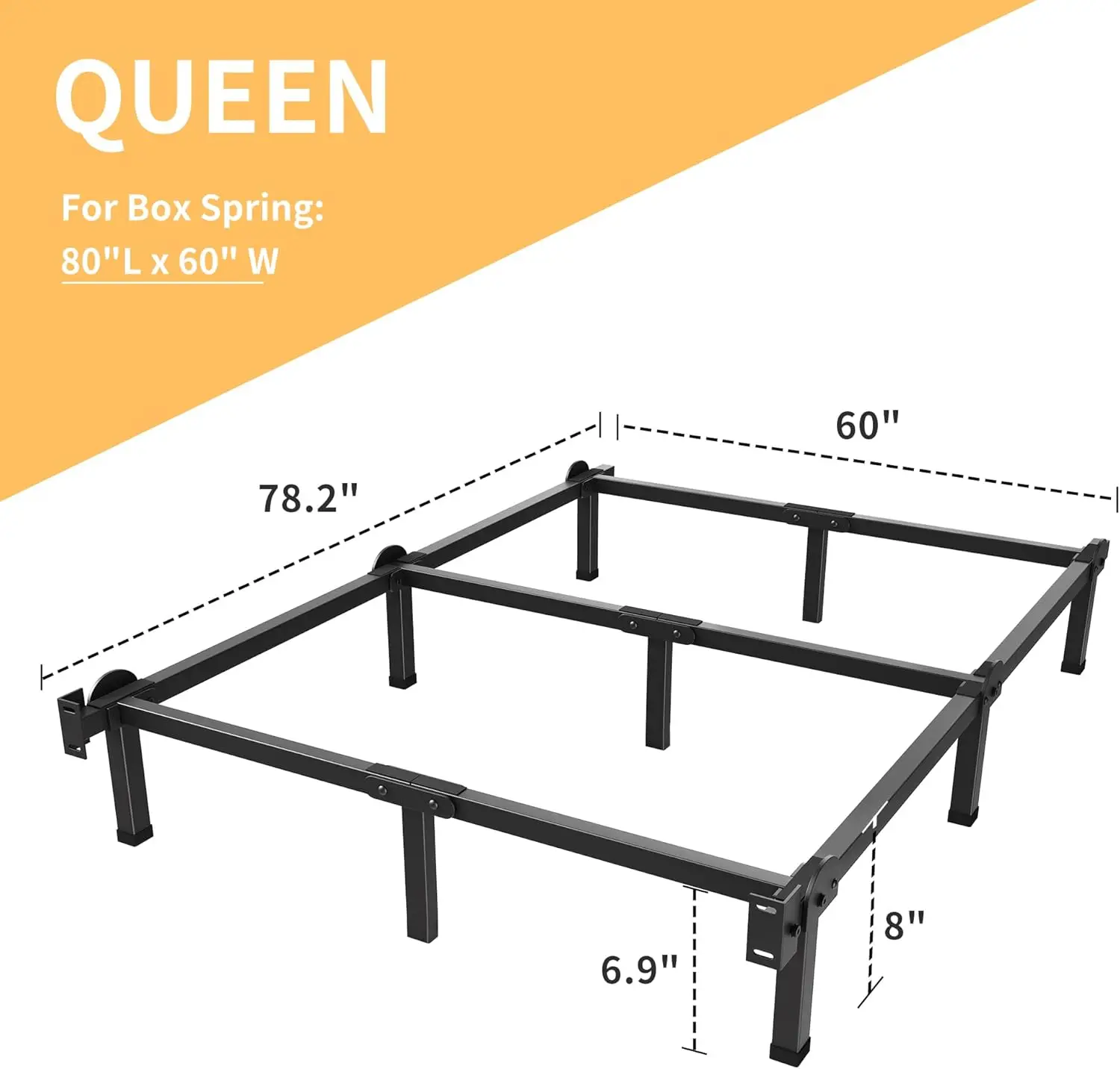 

Metal Bed Frame, 9-Leg Bed Base, 8 Hes Support For Box Spring And Mattress Set, Queen, Easy Assembly, Bla