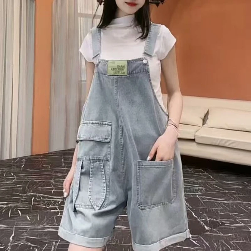 

Vintage Age-Reducing Denim Overalls Petite Women's Summer Thin Loose Casual Jumpsuit, Fashion Stylish One-Piece Suspender Shorts