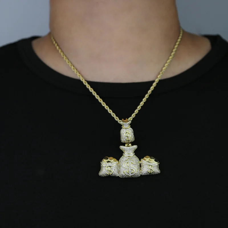 2024 New Iced Out Money Bag Pendant Necklace for Men Gold Silver Plated Prong Setting Bling Rich Charms Hip Hop Jewelry