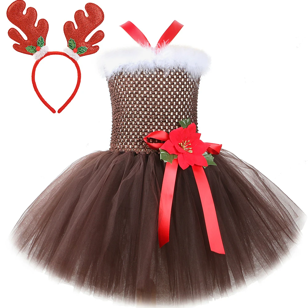 

Christmas Deer Tutu Dress for Girls Reindeer Costumes for Kids Girl Santa Claus Cosplay Dresses Children Xmas New Year Outfits