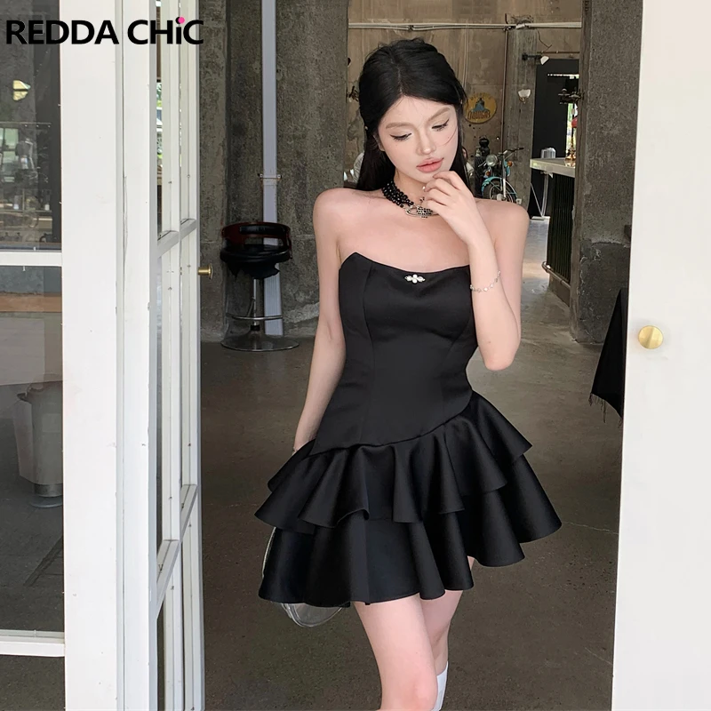 ReddaChic Princess Women Corset Cake Dress Asymmetric Layered Ruffle Black Puffy Mini Dress One-piece Evening Party Tutu Gown