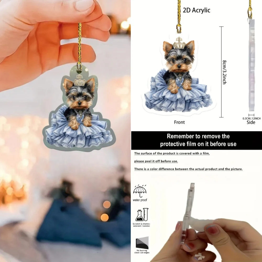 2D Yorkshire Terrier Dog Pendant Charm Pleated Skirt Dressed Dog Keychain,Decor for Car Mirror,Backpacks,Home,Festive Party,Gift