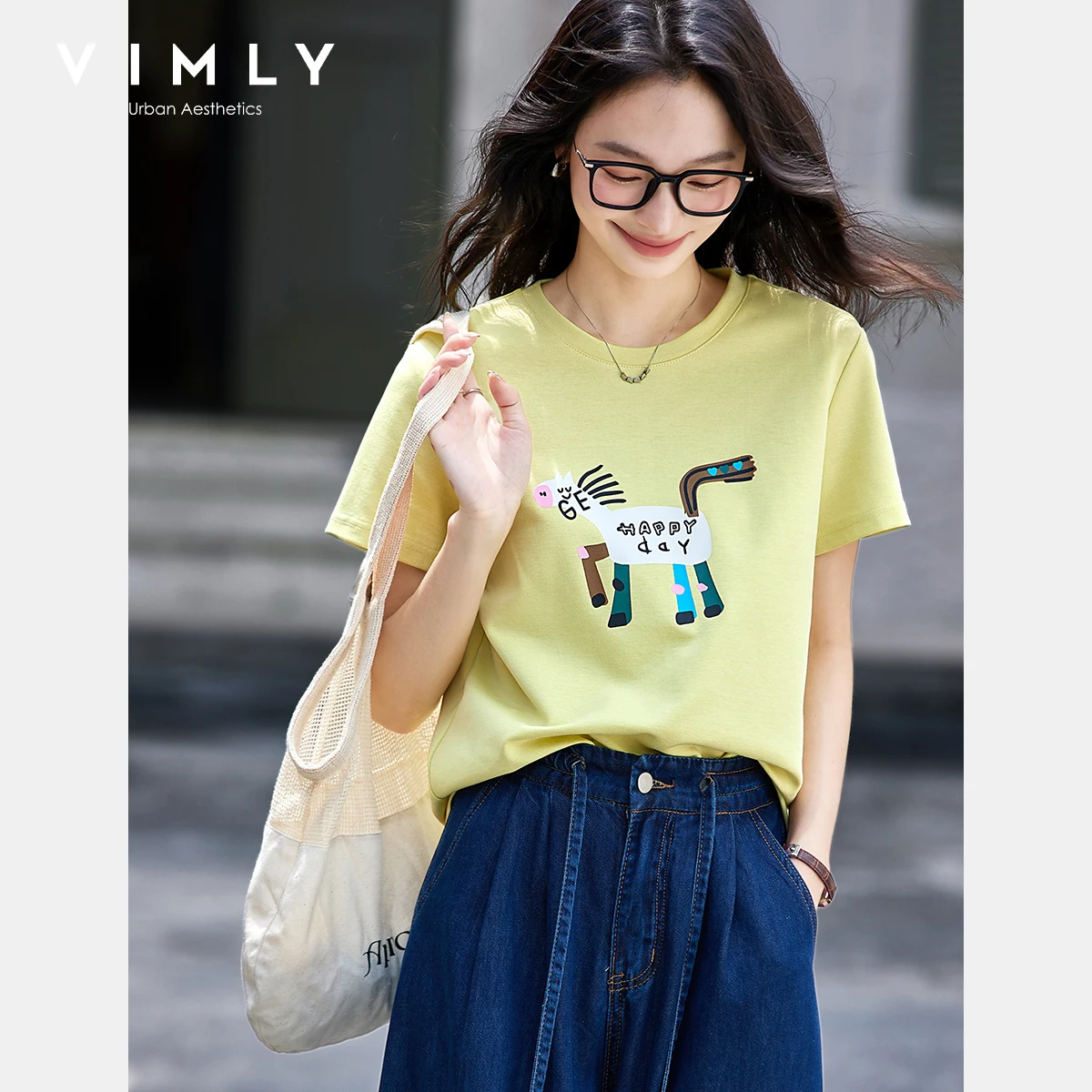 VIMLY Cartoon Printed T-shirt Women's Summer 2025 Casual Knitted Yellow Cartoon Crew Neck Woman Short Sleeve Ladies Tops  A1881