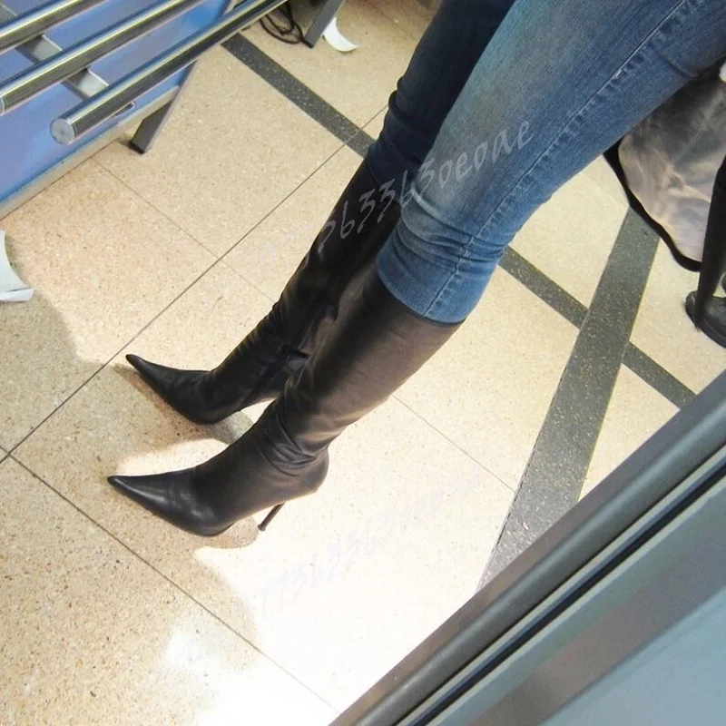 Black Pointed Toe Knee High Boots Matte Leather Shoes for Women Stilettos High Heels Shoes Sexy Lady 2024 Zapatos Para Mujere