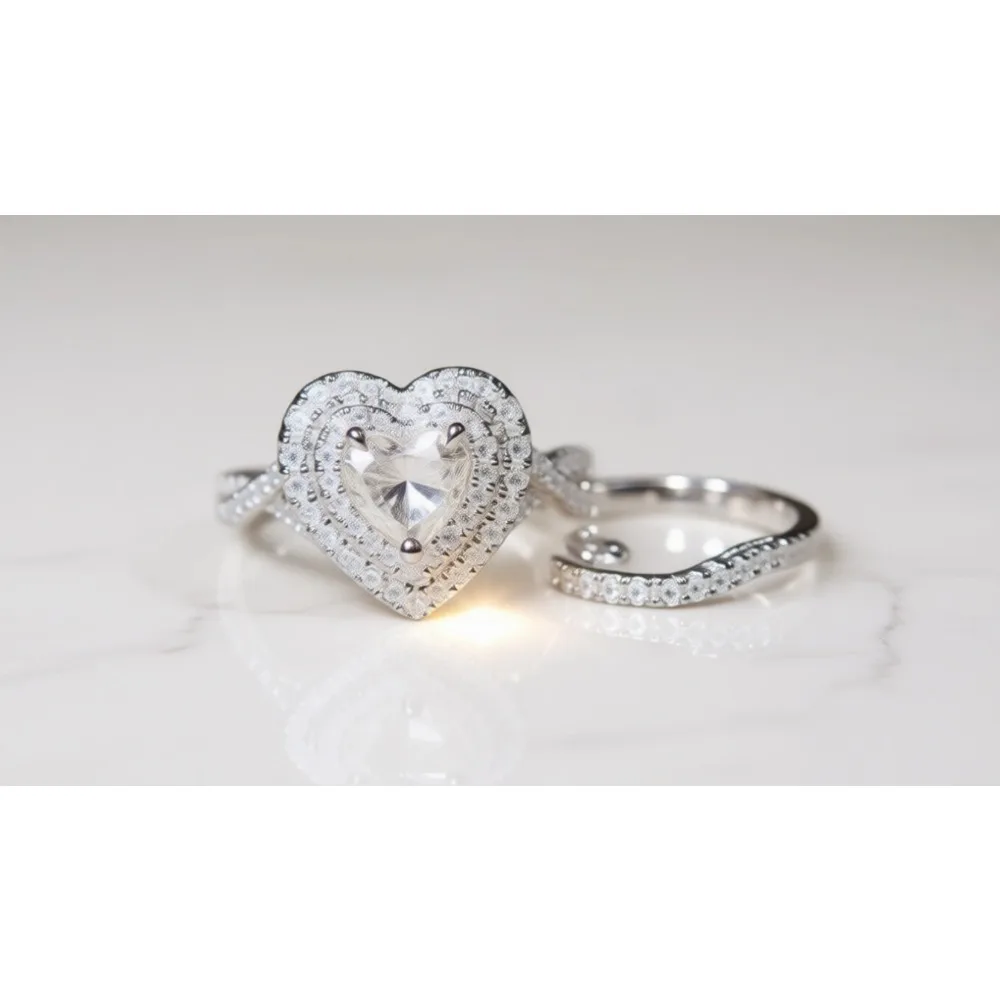 Anillo de Compromiso de Plata 925 Chapado en Oro Blanco de 18K con Corazón de Circonio para Mujer