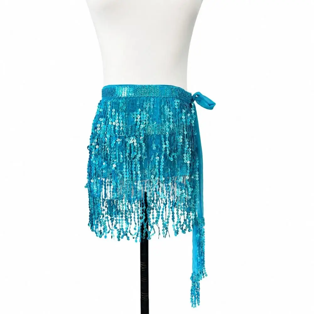 Sparkly Women's Sequin Tassel Skirt Three Layer Fringe Trim Bikini Cover Up Skirt Adjustable Tie Waist Belly Dance Hip Scarf