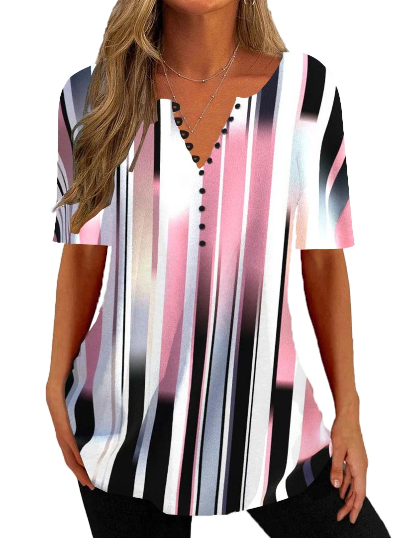 Plus Size Women's Half Sleeve V-neck Striped Top