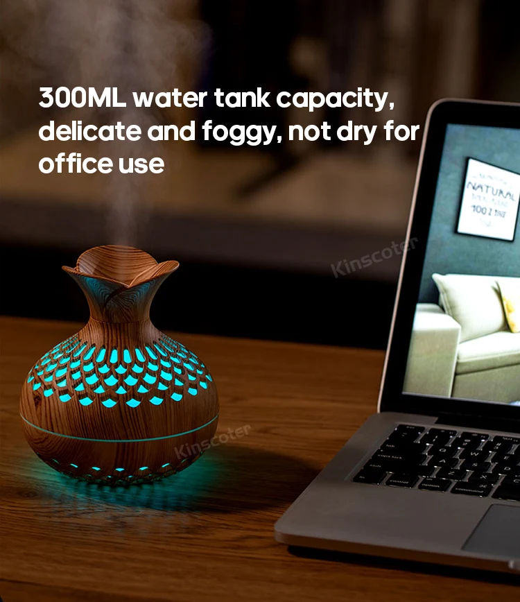 Pelembap Udara USB 300Ml, Pelembap Udara Mini Pelembap Desktop, Pelembap Bentuk Vas Berongga dengan Lampu Malam Warna-warni